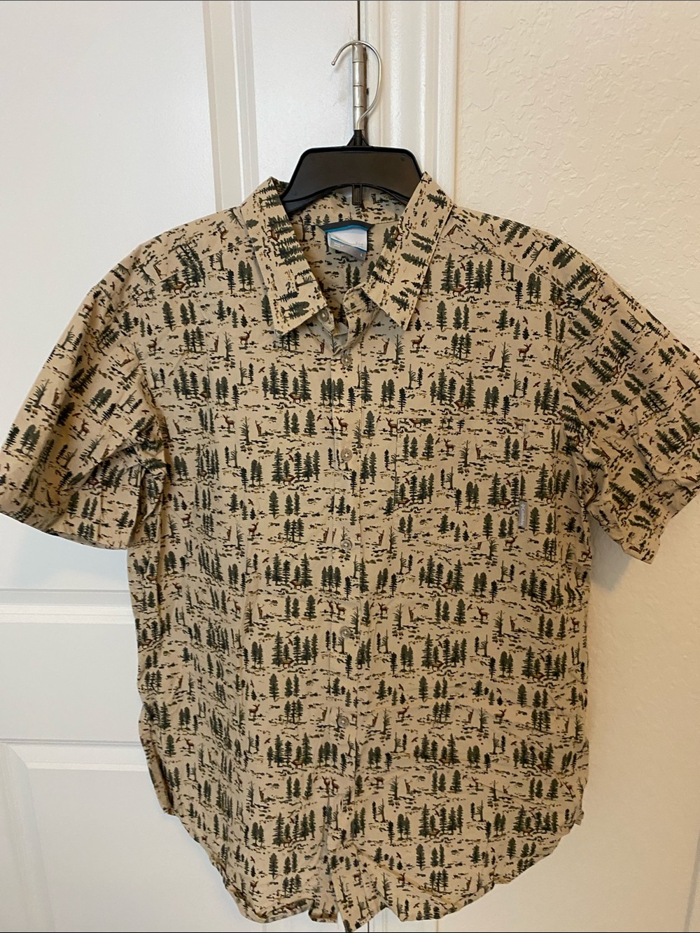 Columbia Beige Short-Sleeve Button-Down with Forest Print